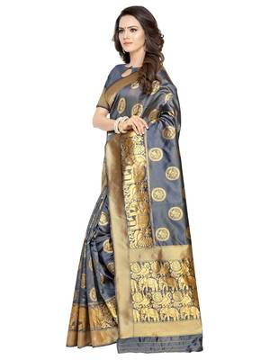 Grey woven poly silk saree with blouse 2