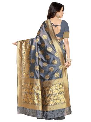 Grey woven poly silk saree with blouse 3