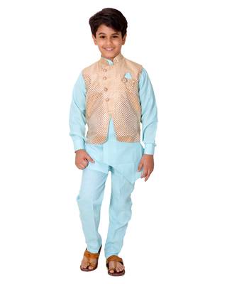 Blue printed cotton silk boys-kurta-pyjama 1