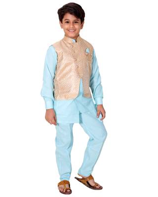Blue printed cotton silk boys-kurta-pyjama 2