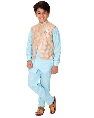 Blue printed cotton silk boys-kurta-pyjama 3