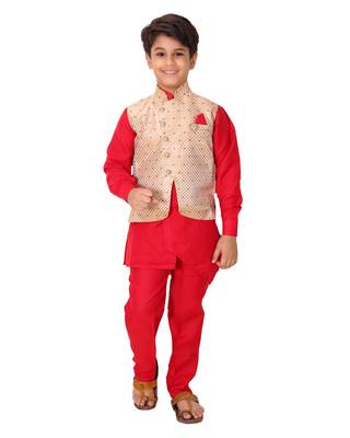 Red printed cotton silk boys-kurta-pyjama 1