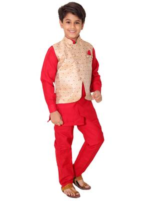 Red printed cotton silk boys-kurta-pyjama 2