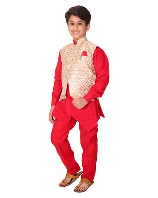 Red printed cotton silk boys-kurta-pyjama 3