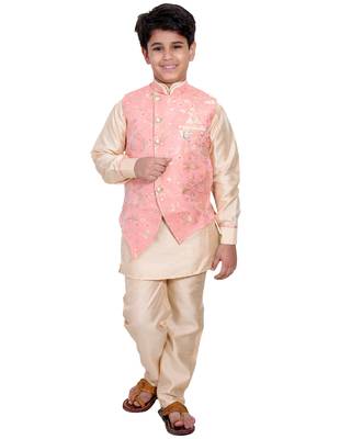 Pink printed cotton silk boys-kurta-pyjama 1