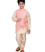 Pink printed cotton silk boys-kurta-pyjama
