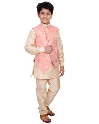 Pink printed cotton silk boys-kurta-pyjama 2