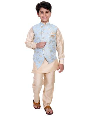 Turquoise printed cotton silk boys-kurta-pyjama 1