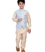 Turquoise printed cotton silk boys-kurta-pyjama