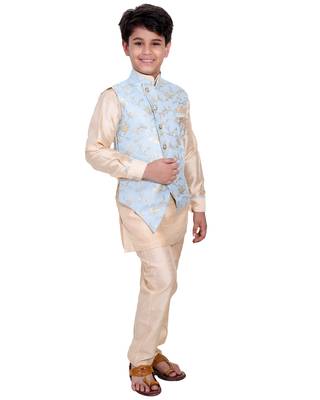Turquoise printed cotton silk boys-kurta-pyjama 2