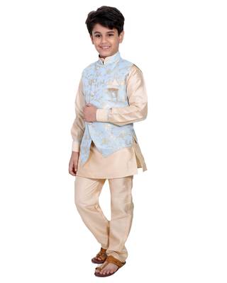 Turquoise printed cotton silk boys-kurta-pyjama 3