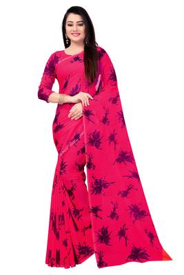 Pink printed georgette saree with blouse 1