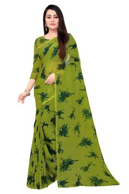 Green printed georgette saree with blouse 1