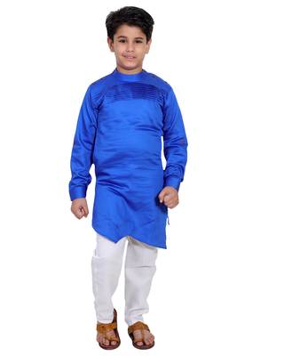 Blue plain cotton silk boys-kurta-pyjama 1