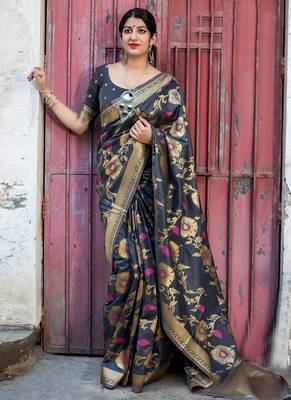 Dark grey woven banarasi silk saree with blouse 1