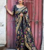 Dark grey woven banarasi silk saree with blouse