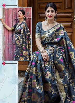 Dark grey woven banarasi silk saree with blouse 2
