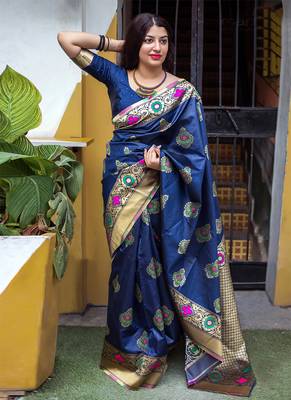 Navy blue woven banarasi silk saree with blouse 1