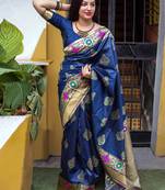 Navy blue woven banarasi silk saree with blouse