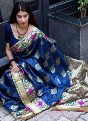 Navy blue woven banarasi silk saree with blouse 2