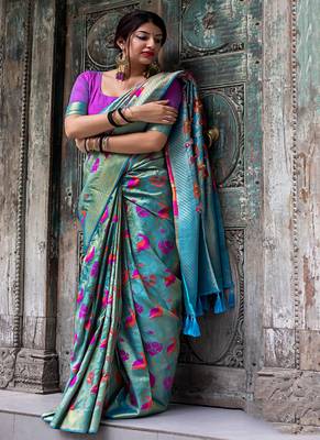 Sky blue woven silk saree with blouse 1