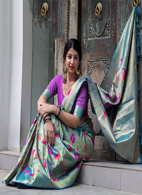 Sky blue woven silk saree with blouse 2