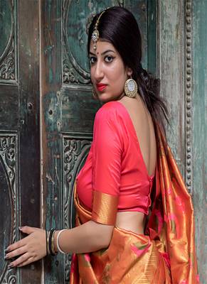 Orange woven silk saree with blouse 2