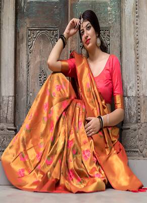 Orange woven silk saree with blouse 3