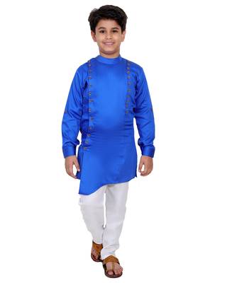Blue plain cotton silk boys-kurta-pyjama 1
