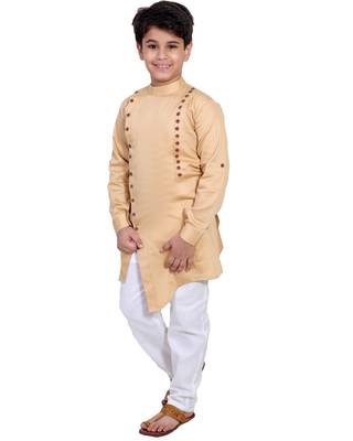 Fawn plain cotton silk boys-kurta-pyjama 3
