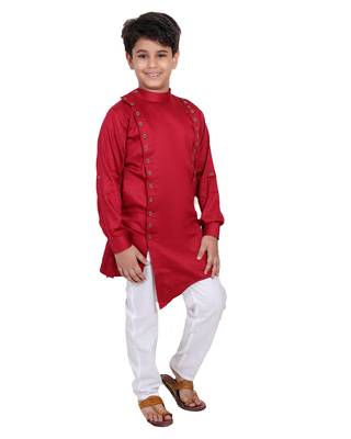 Maroon plain cotton silk boys-kurta-pyjama 2