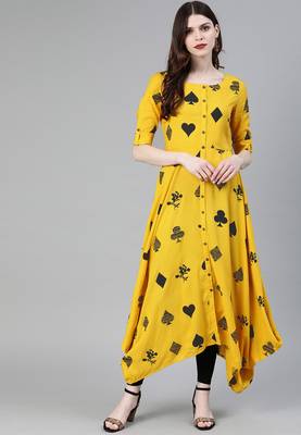 Yellow printed rayon cotton-kurtis 1