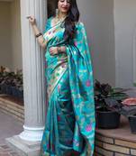 Sky blue woven banarasi silk saree with blouse