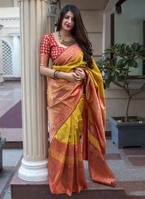 Mustard woven banarasi silk saree with blouse 1