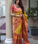 Mustard woven banarasi silk saree with blouse