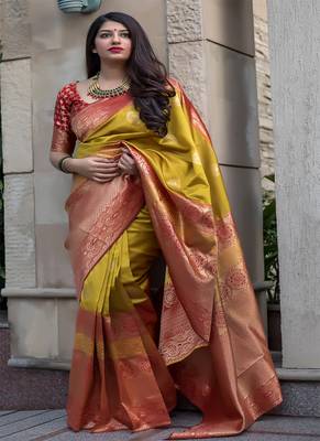 Mustard woven banarasi silk saree with blouse 2