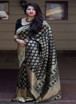 Black woven banarasi silk saree with blouse 2