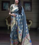 Grey woven banarasi silk saree with blouse