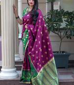 Rani pink woven banarasi silk saree with blouse