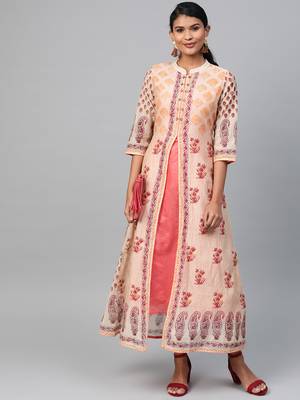 Beige printed polyester long-kurtis 1