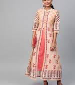 Beige printed polyester long-kurtis
