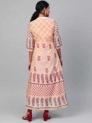 Beige printed polyester long-kurtis 2