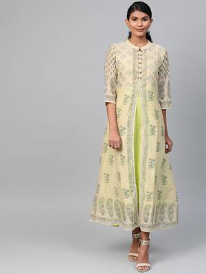 Lime printed polyester long-kurtis 1