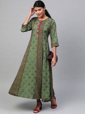 Olive printed liva long-kurtis 1