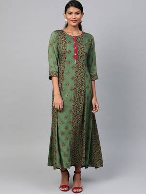 Olive printed liva long-kurtis 3