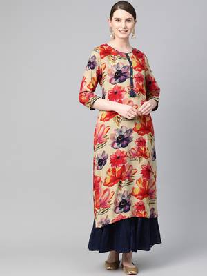 Beige printed liva ethnic-kurtis 1