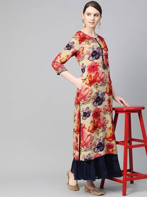 Beige printed liva ethnic-kurtis 3
