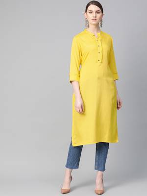 Yellow plain liva ethnic-kurtis 1