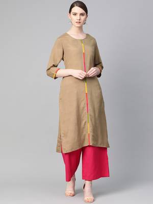 Beige plain liva ethnic-kurtis 1
