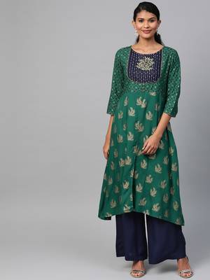 Dark-green printed viscose rayon salwar 1